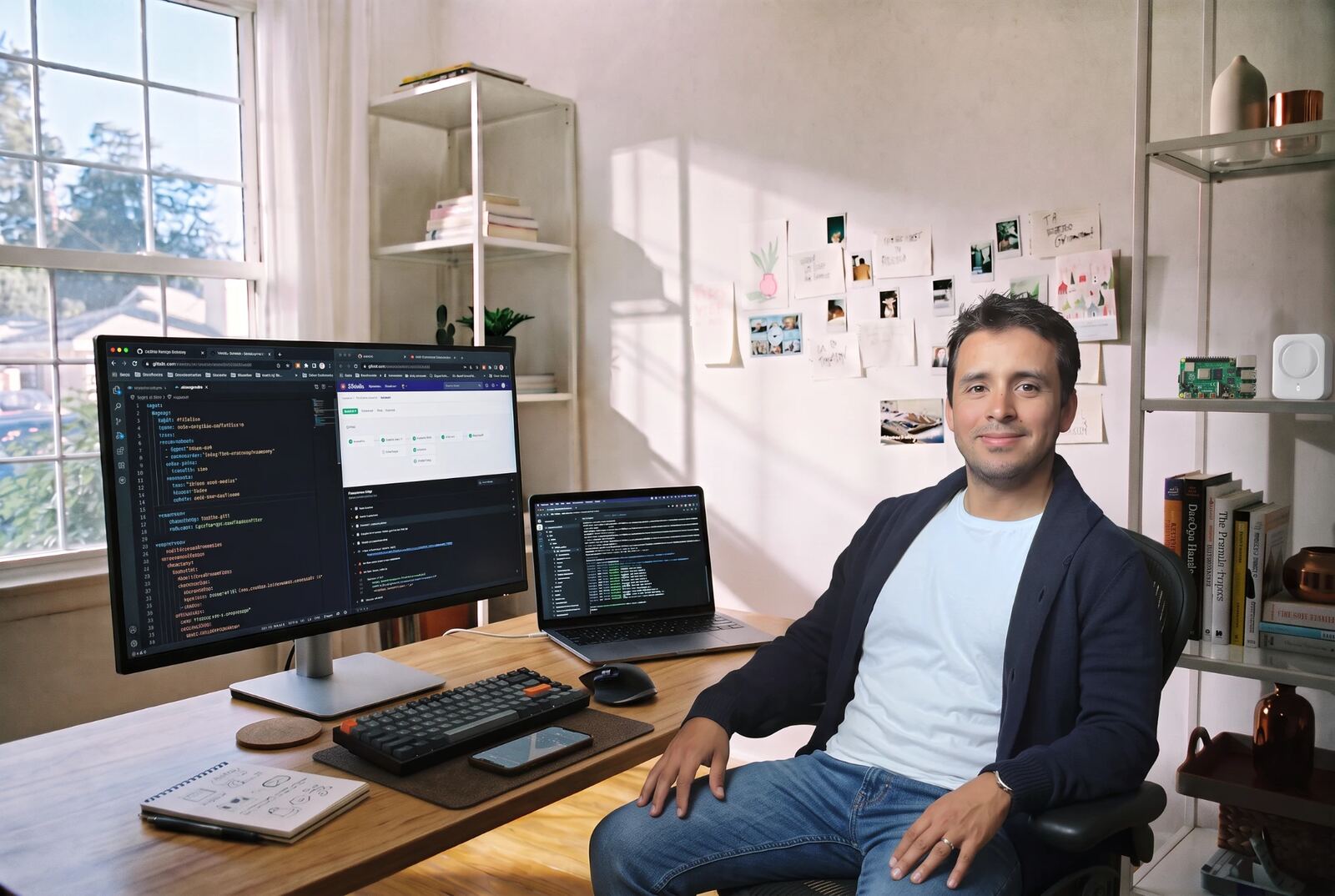 Guido Orellana at his desk, with a terminal and a deploy pipeline open on his screens